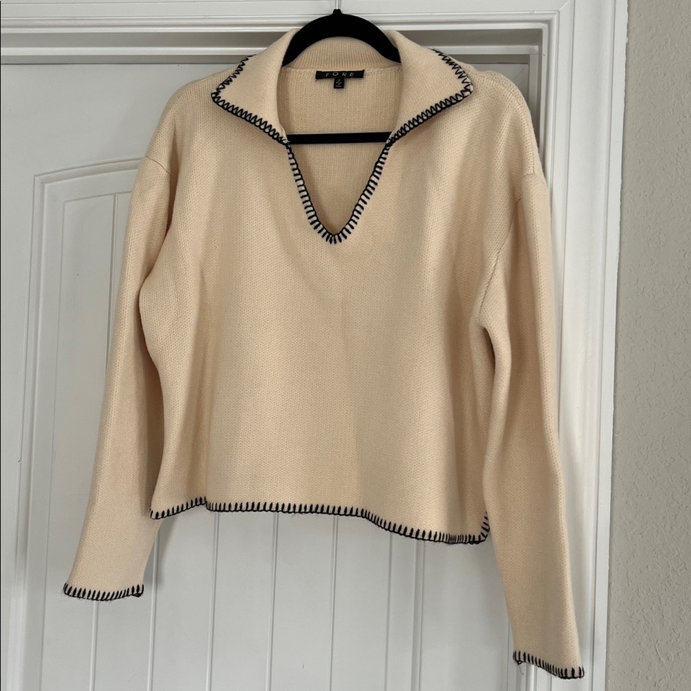 Chic Beige V-Neck Sweater with Black Trim FORE cream oversized sweaters